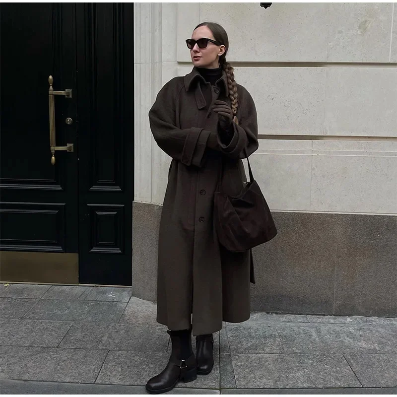 Elegante cintura grigia lungo cappotto di lana sintetica donna risvolto doppio petto cappotti da strada donna 2025 autunno inverno nuova signora Peacoat 5