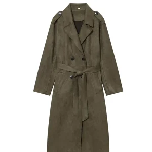 NLZGMSJ Con Cintura Donna Cappotto Allentato 2025 Pelle Scamosciata Invernale Caldo Trench Cappotto Manica Lunga Giacca di Media Lunghezza Capispalla Femminile Y2K 1