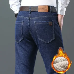 2025 Nuovo Inverno Agnello Fluff Jeans Da Uomo Pantaloni In Denim Dritto Addensare In Pile Caldo Stretch Jeansy Foderato In Peluche Pantaloni Da Uomo D'affari 1