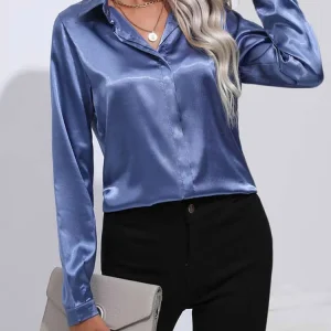 Camicette casual da donna autunnali Camicia elegante con scollo a V a maniche lunghe allentata tinta unita vintage Camicia con bottoni Camicie monopetto 1