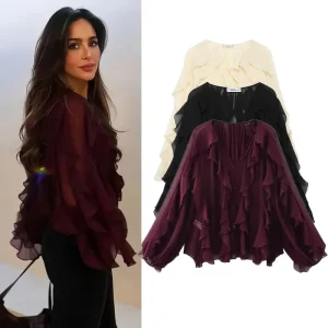 PRINTKAOIR Camicette da donna con volant Camicette casual semitrasparenti Donna Camicie e camicette da fata primaverili per top a maniche lunghe da donna Donna 1