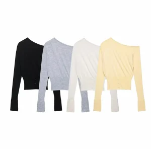 Donna 2025 Autunno Casual Semplice Pullover lavorato a maglia Solido a maniche lunghe Spalla laterale Una lunghezza Collo con spacco Moda Maglione Top 1