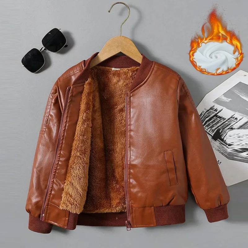 Ragazzi Plus Velluto Giacche di pelle spessa Bambini Ragazze Autunno Inverno Cappotto Abbigliamento di moda Capispalla in pelle PU calda per bambini 2-14 anni 3
