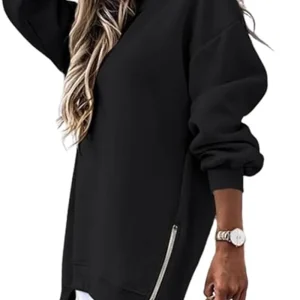 Felpa da donna primavera autunno moda splicing design con cerniera laterale girocollo maniche lunghe top irregolari di media lunghezza 1