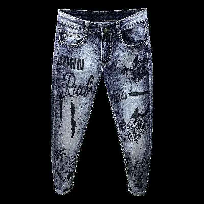Pantaloni Jeans affusolati da uomo Pantaloni da cowboy maschili gotici con stampa azzurro 2025 Tendenza coreana autunno Y2k Vintage originale invernale 6