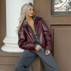 Donna Vintage Vino Rosso Ecopelle Jakcet Moda Tuta Sportiva Cerniera Risvolto Pu Cappotti Autunno Inverno Streetwear Donna Top corti 1