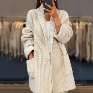 Cappotto maglione cardigan lungo con risvolto largo con torsione spessa Cappotto da donna stile pendolare primaverile e autunnale 1