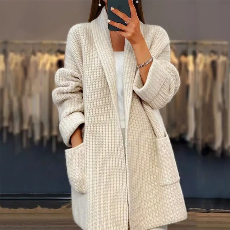 Cappotto maglione cardigan lungo con risvolto largo con torsione spessa Cappotto da donna stile pendolare primaverile e autunnale 1