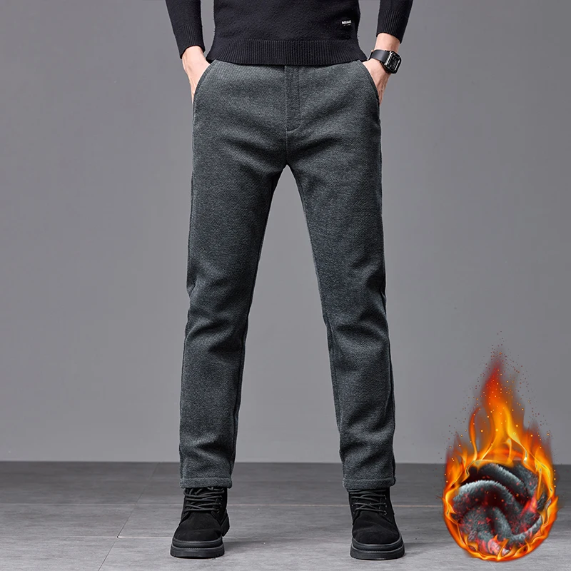 Pantaloni casual elastici in pile invernale da uomo spessi caldi morbidi pantaloni slim elasticizzati da lavoro streetwear moda abiti di marca coreana 4