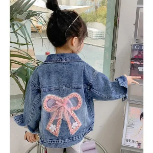 Giacca di moda per 3 4 5 6 8 10 12 anni Bambini Capispalla casual Primavera Autunno Ragazze Cappotto di jeans Abbellimento di perle Nodo dell'arco 1
