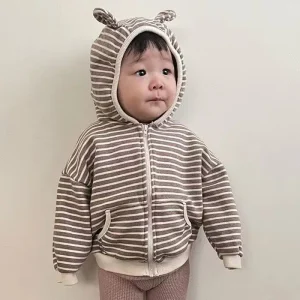 Camicia con cerniera per neonato primaverile e autunnale Giacca con orecchie da orso con cappuccio a righe Cardigan con cappuccio per ragazzi e ragazze 1