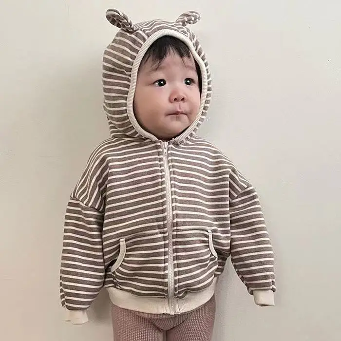Camicia con cerniera per neonato primaverile e autunnale Giacca con orecchie da orso con cappuccio a righe Cardigan con cappuccio per ragazzi e ragazze 1