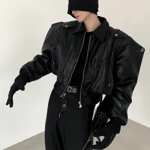 Mauroicardi Primavera Autunno Fresco Bello Corto Oversize Nero Pu Giacca di Pelle da Uomo con Spalline Manica Lunga Cerniera 2023 1