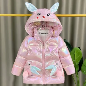 2025 Giacca invernale per ragazze Cappotto orecchie di coniglio carino Impermeabile lucido con cappuccio Capispalla per bambini 1-6 anni Baby Kids Parka Snowsuit 1