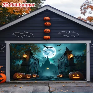 Banner per porta 2D, grande banner per porta del garage di Halloween, classica decorazione del castello con pipistrelli e lanterne di zucca 1
