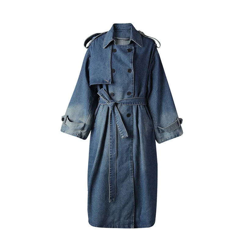 SuperAen 2025 Autunno e Inverno Nuovo Trench di jeans impiombato per le donne Cappotti lunghi casual oversize blu retrò allentati 6