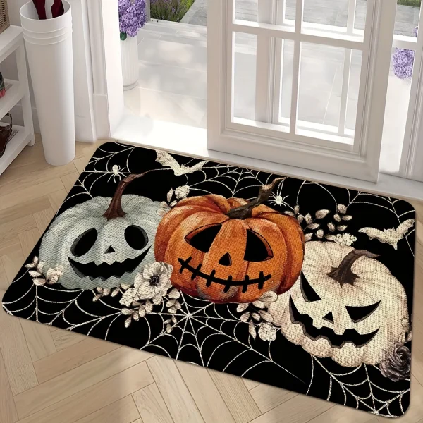 Tappeto decorativo con zucca di Halloween Tappetino con design a ragnatela di zucca nera Tappetino decorativo per porta d'ingresso spaventoso e spettrale 1