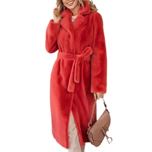 Cappotto lungo da donna invernale 2025, elegante bavero in pelliccia sintetica e cintura con cravatta, soprabito caldo in peluche, capispalla alla moda 1