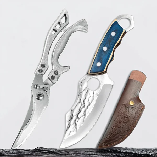 Coltello da cucina e forbici da cucina Set di coltelli per mannaia per carne coltello per disossare da macellaio forgiato a mano forbici per ossa di pollo con guaina 1