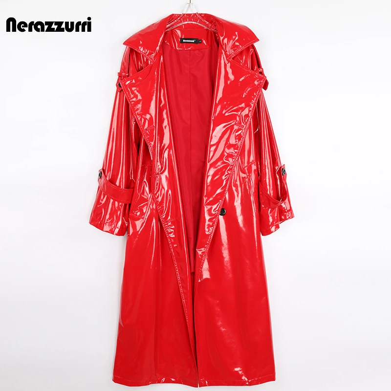Trench Nerazzurri autunno lungo rosso impermeabile lucido riflettente in pelle verniciata per donna doppio petto Plus Size moda 4