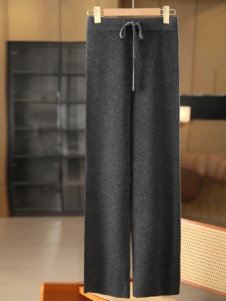 Pantaloni larghi in lana da donna chic Vita elastica in cashmere a righe Autunno Inverno 100% lana merino Maglieria Pantaloni casual semplici 4
