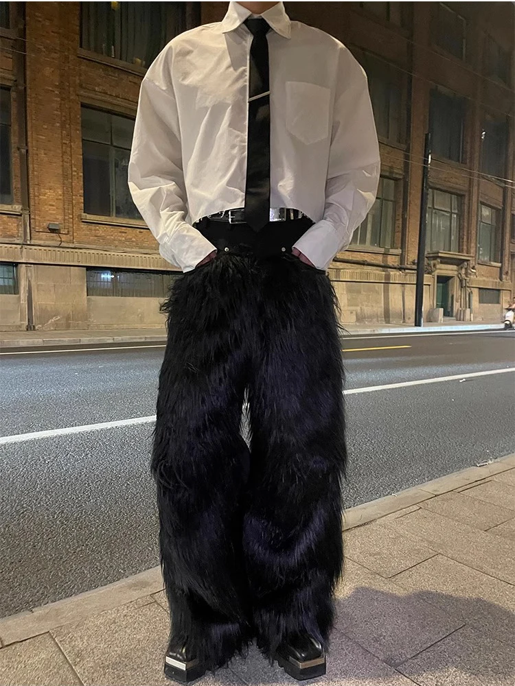 Mauroicardi Autunno Inverno Lungo Nero Spessore Caldo Peloso Shaggy Pelliccia Sintetica Pantaloni a Gamba Larga per Uomo Abiti di Design di Lusso Streetwear 4