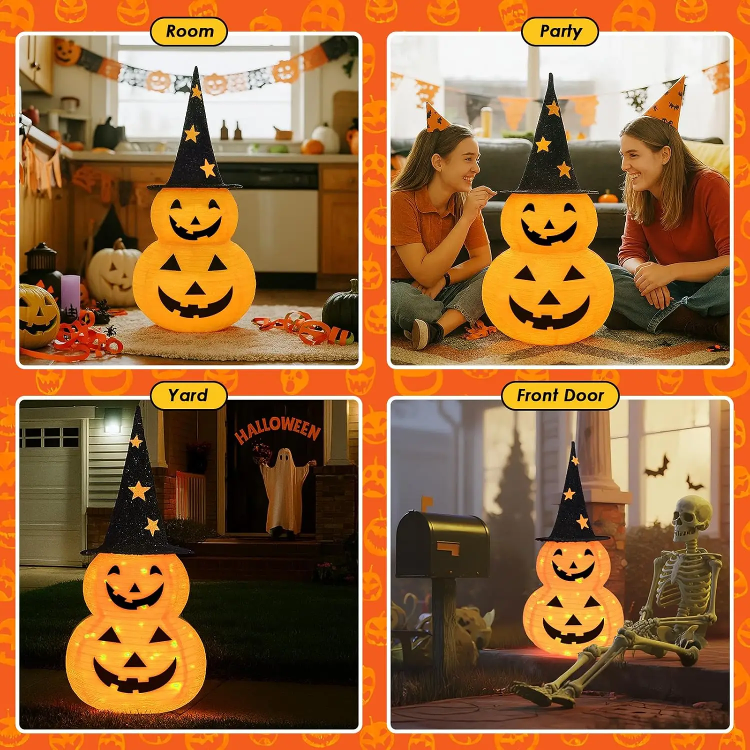 Simpatiche decorazioni di zucca di Halloween Luci di zucca pieghevoli Jack-o-lantern per decorazioni per interni ed esterni, feste, cortile 4