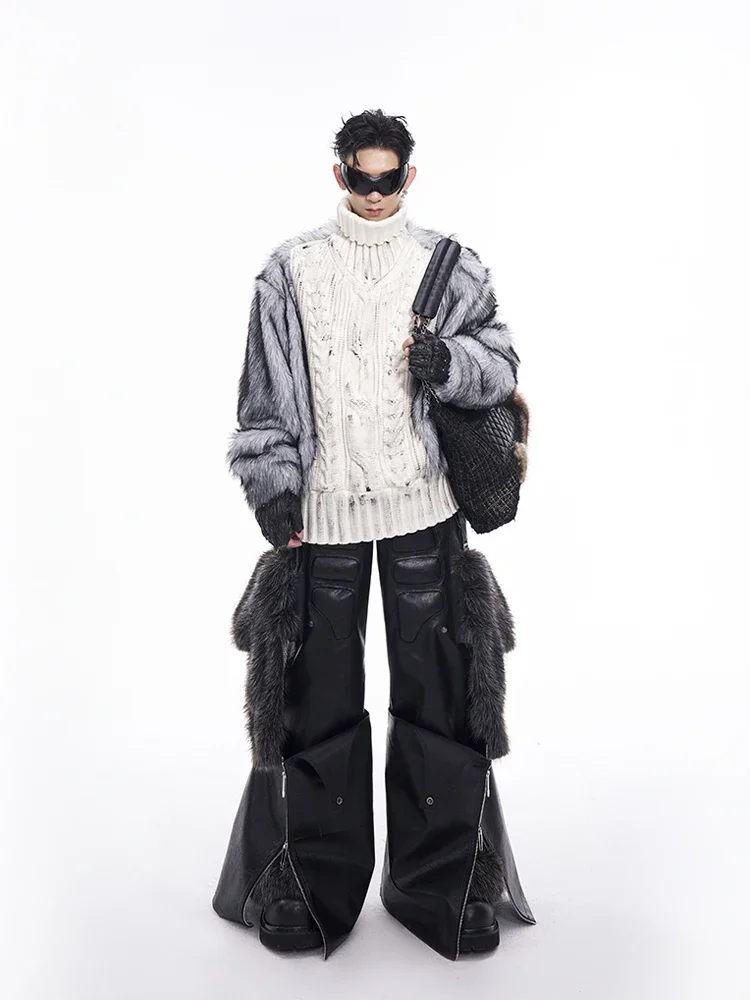 Maglieria da uomo autunno inverno 2024 velluto interno ispessito maglione lavorato a maglia a maniche lunghe con giunture in pelliccia maglioni pullover a collo alto 2