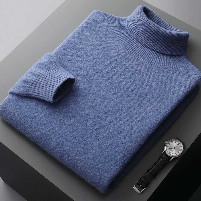 Pullover con risvolto alto da uomo monopezzo pronto da indossare in pura lana al 100% Autunno e inverno Maglione versatile lavorato a maglia basic casual grande 2