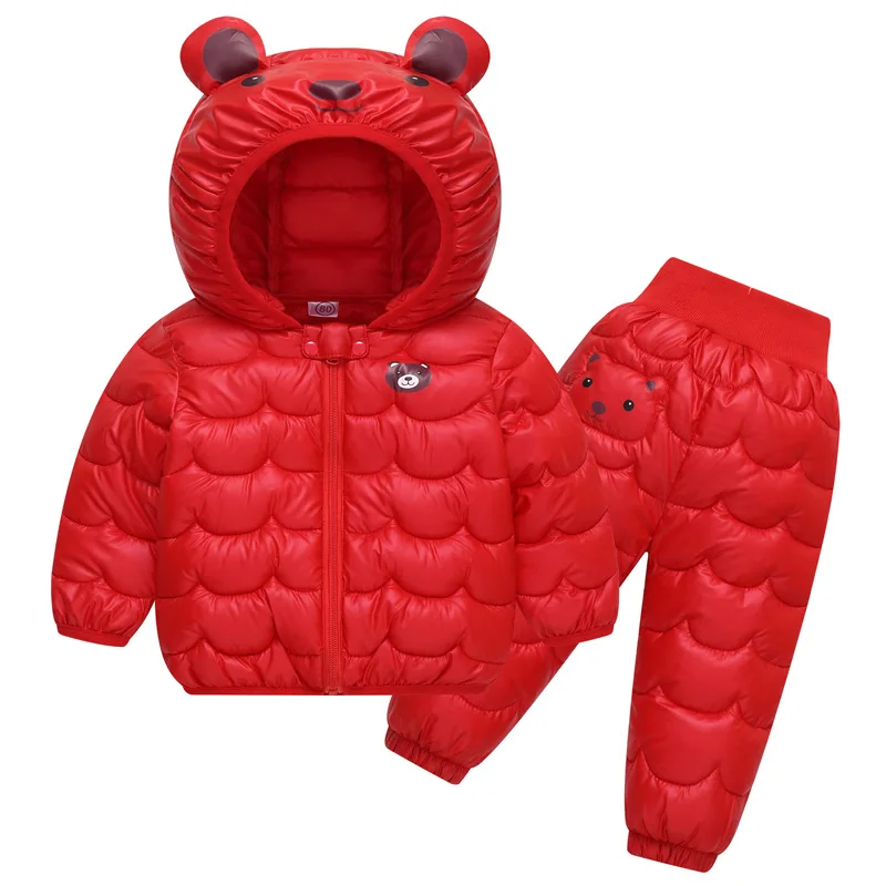 2023 nuovo Set invernale per bambini piumino per ragazzi e ragazze cartone animato orso cappotto con cappuccio + pantaloni Baby Snow addensato Set caldo 0-5Y 2