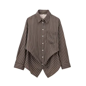 EDSA Camicia da donna a righe a pipistrello marrone a maniche lunghe con polsini Tasche applicate abbottonate sul davanti per camicetta da ufficio 1