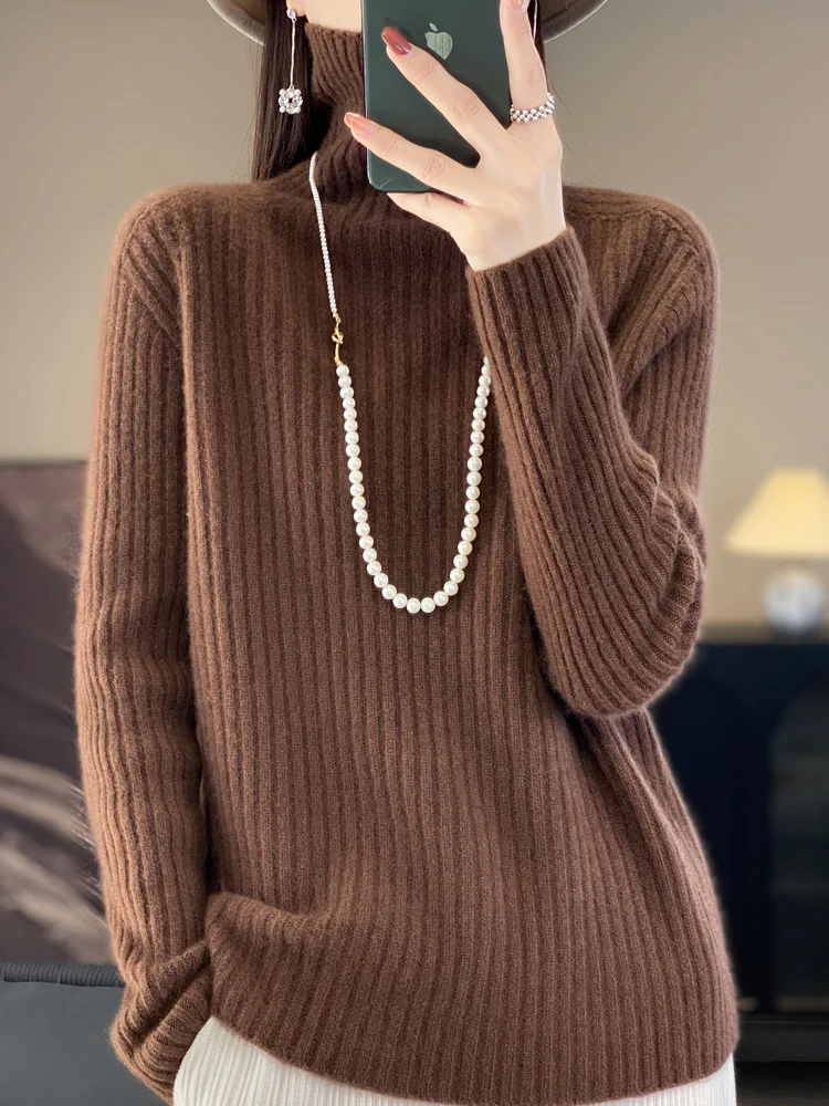 Autunno Inverno Donna 100% lana merino maglione dolcevita a righe pullover lavorato a maglia casual manica lunga spessa cashmere abbigliamento top 4