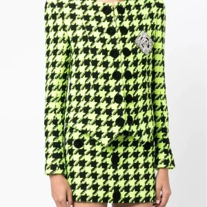 HIGH STREET Giacca in tweed pied de poule con logo e bottoni a forma di leone da donna del stilista più recente del 2024 1