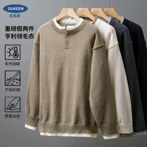 DUKEEN Falso maglione da uomo in due pezzi con colletto Henry 2025 Camicie in maglia calda spessa stile vintage invernale Pullover allentato tinta unita 1