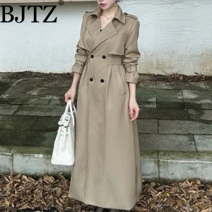BJTZ 2025 Autunno Inverno Trench lungo con cintura da donna Classico versatile cravatta in vita Office Chic Giacca sportiva calda antivento 1