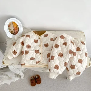 Autunno inverno ragazzo bambini simpatico orso Cardigan imbottito in cotone cappotto ragazza bambino cartone animato stampa pile addensare giacca bambino pantaloni di cotone 1