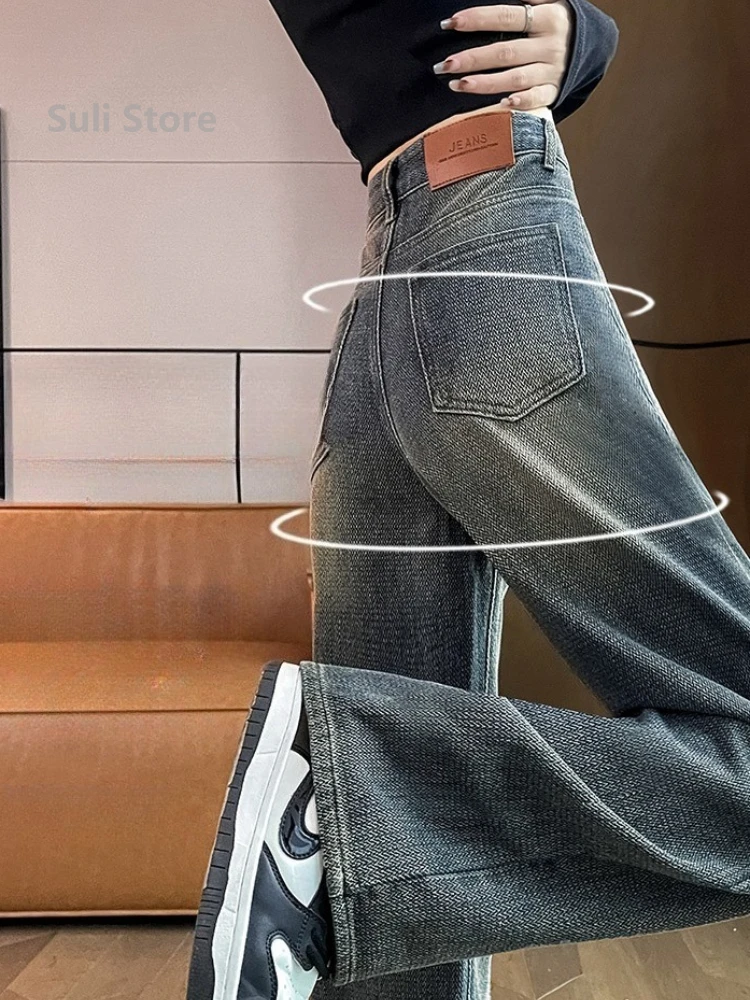 Jeans retrò a gamba larga da donna 2025 in pile ispessito a vita alta pantaloni dritti larghi e sottili con motivo a stella americana 4