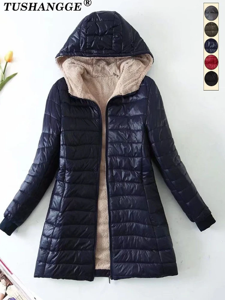 Nuova edizione coreana di media lunghezza con cappuccio giacche da donna autunno inverno cappotti di cotone da ufficio di media lunghezza caldo parka in pile di agnello 1