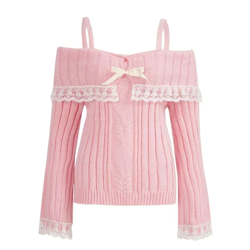2025 Maglione lavorato a maglia da donna con spalle scoperte Pullover rosa Pullover dolci Maglioni patchwork in pizzo con fiocco a maniche lunghe Y2k Streetwear 3