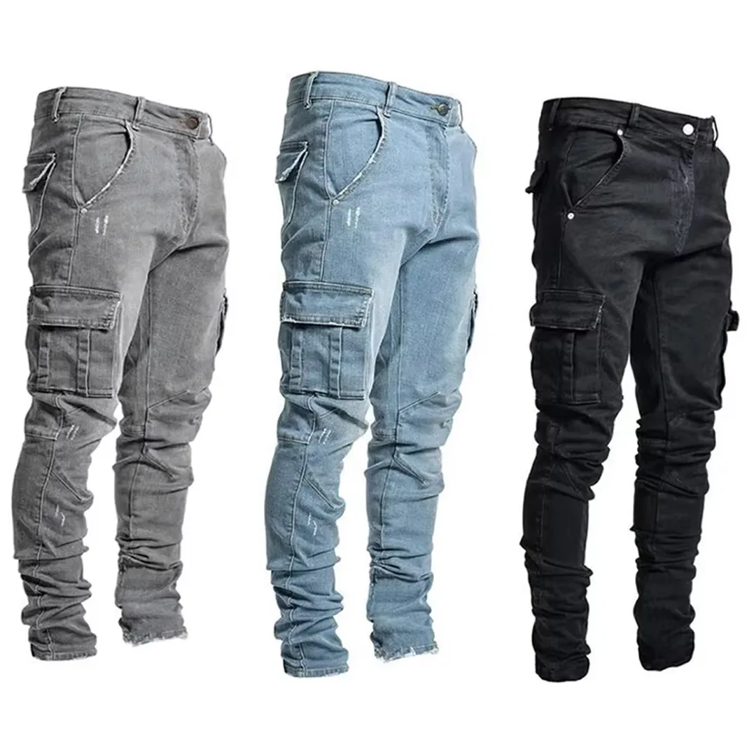 Jeans casual da uomo a matita Pantaloni multitasche elastici da uomo piccoli e sottili da strada Jeans cargo a vita media in tinta unita lavati 1