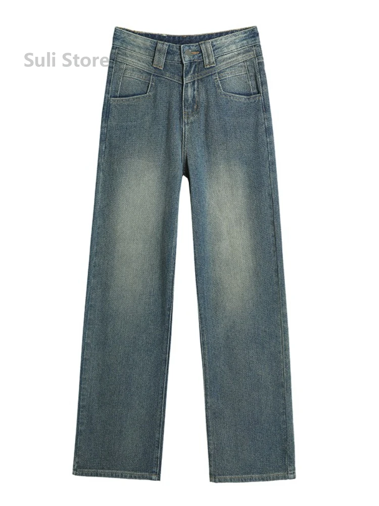 Jeans retrò a gamba larga da donna 2025 in pile ispessito a vita alta pantaloni dritti larghi e sottili con motivo a stella americana 6