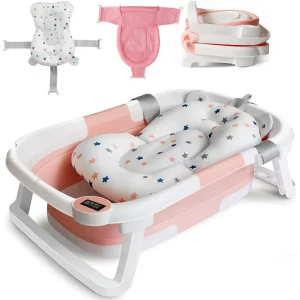 Vasca da bagno pieghevole per bambini con cuscino da bagno Vasca per neonati con termometro Vasca da bagno pieghevole antiscivolo per neonati da neonato a bambino 1