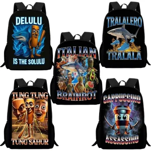 Zaino Brainrot italiano da 16 pollici con ciondolo portachiavi Zaino leggero di grande capacità per cartoni animati con stampa Brainrot 1