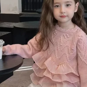 Maglione lavorato a maglia da ragazza Pullover in pizzo Elegante principessa Capispalla in pizzo Maglione primaverile e autunnale Abbigliamento per bambini 1