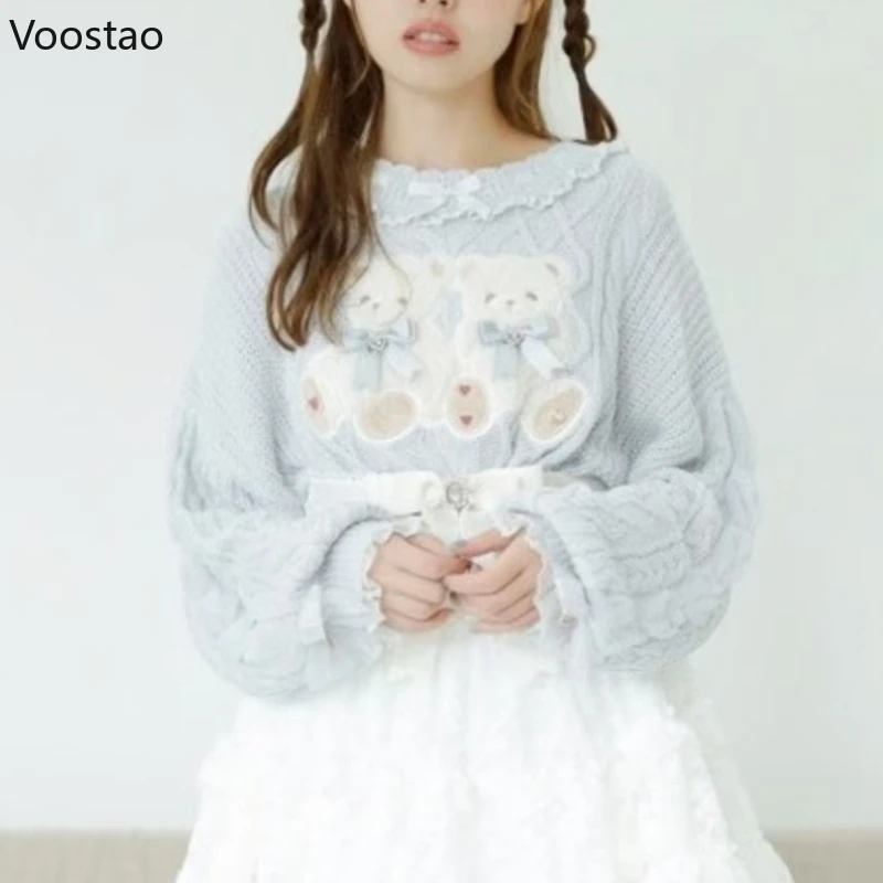 Pullover lavorato a maglia stile Sweet Lolita vintage per ragazze simpatico orso di peluche cartone animato ricamo fiocco maglione donna maglieria Harajuku top 3