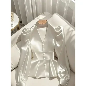 Camicia da donna elegante francese Camicia a maniche lunghe in raso bianco cinccato in vita di lusso per camicette eleganti da donna con temperamento 1