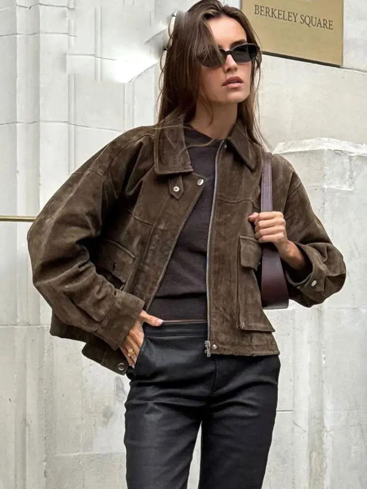 Giacca in pelle scamosciata da donna vintage con risvolto solido con cerniera maniche lunghe tasche cappotto 2025 autunno casual High Street Lady Outwear 6