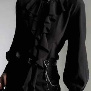 Harajuku Vintage Camicia con fondo nero Donna Colletto alla coreana Ruffles Camicette slim fit 2025 Nuova manica lunga Blusas De Mujer 1
