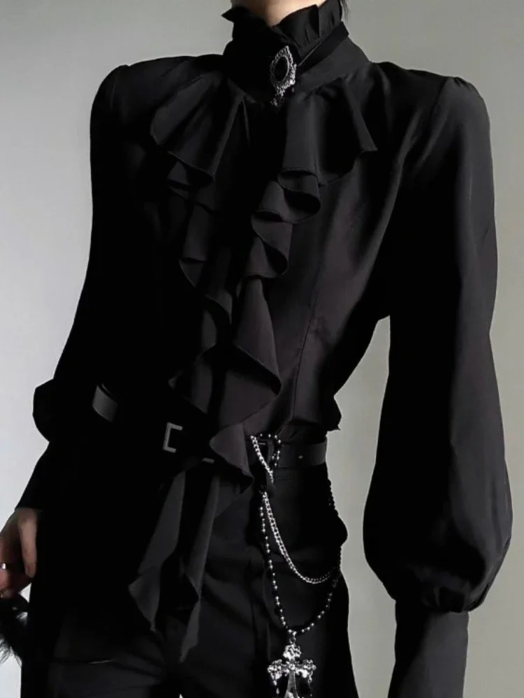 Harajuku Vintage Camicia con fondo nero Donna Colletto alla coreana Ruffles Camicette slim fit 2025 Nuova manica lunga Blusas De Mujer 1