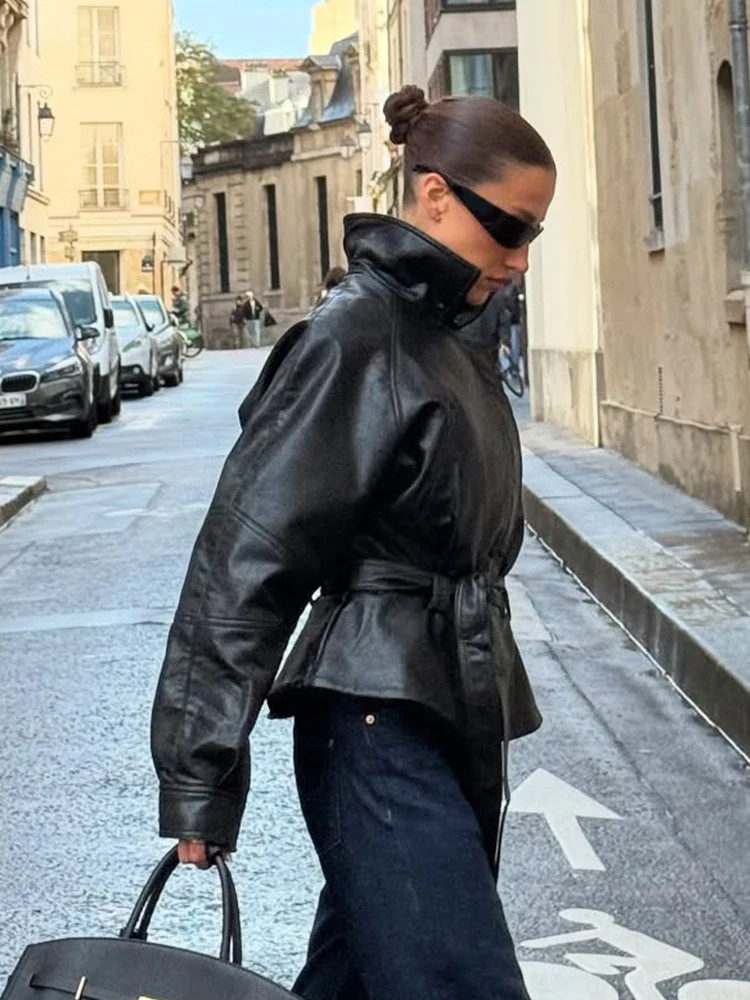 HH moda donna risvolto solido maniche lunghe cappotti larghi casual donna autunno cintura asimmetrica con cerniera decorare giacca corta da strada 4